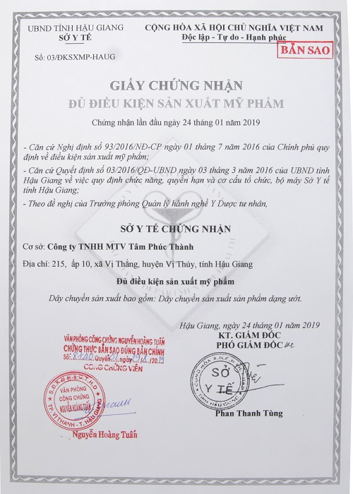 Tâm Phúc Thành là cơ sở sản xuất mỹ phẩm đạt tiêu chuẩn an toàn, vệ sinh