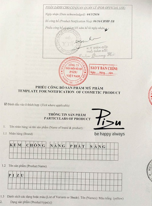 Kem chống nắng Pizu được cấp giấy chứng nhận an toàn